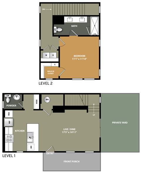 A floor plan of a two-story home with a bedroom, bathroom, kitchen, and living area.